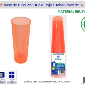 Pack 6 vaso tubo reutilizable pp naranja