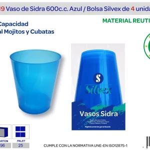 Pack 4 vaso sidra 600cc reutilizable azul