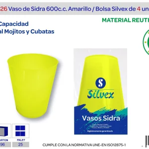 Pack 4 vaso sidra 600cc reutilizable amarillo