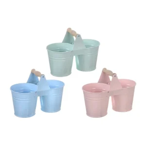 Macetero metal doble con asa de madera